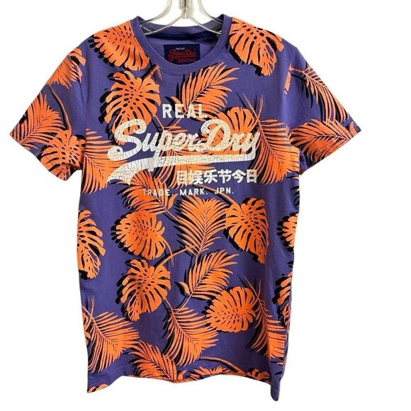 SuperDry Vintage Logo Print Mid Slim Fit Men’s Purple Tee Orange Leaves Small - Picture 1 of 6